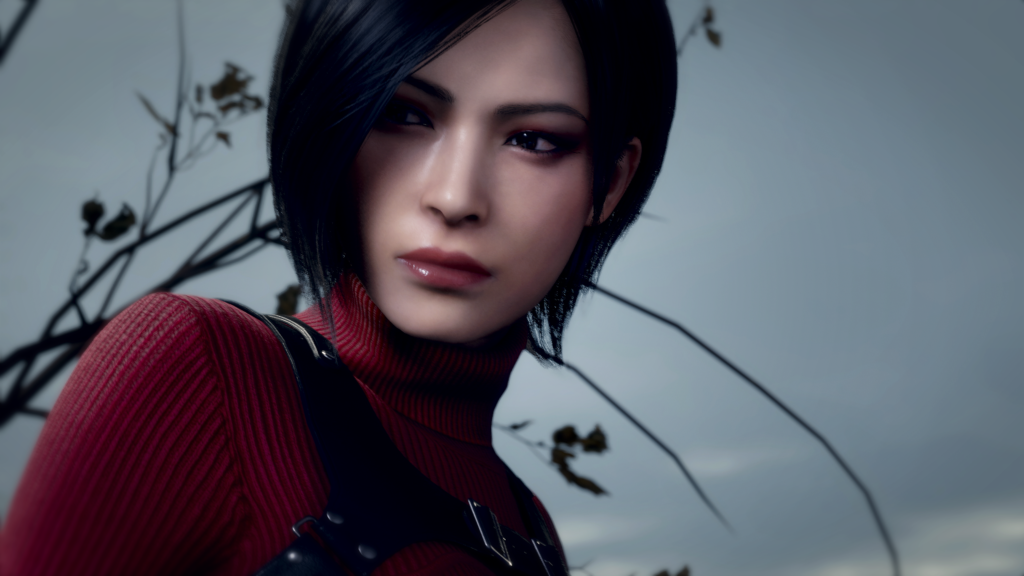 Cena do jogo Resident Evil 4 - Caminhos Distintos: a espiã Ada olha para o lado, empertigada em cima de uma estrutura. Ada é uma mulher asiática morena, de cabelos curtos, usando um suéter vermelho com um coldre preto por cima do peito. Ela olha pensativamente para a esquerda. Atrás dela, a silhueta dos galhos de uma árvore com algumas folhas secas nas pontas contrastam com o céu nublado.