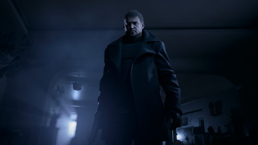 Cena do jogo Resident Evil: Village. Em primeira pessoa, vemos Chris Redfield 