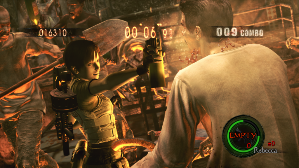 Cena do jogo Resident Evil 5. No modo Mercenários, jogamos com Rebecca Chambers, que usa um spray na cara de um infectado que vêm pela direita. Rebecca é uma mulher caucasiana de cabelos castanhos e curtos, usando um colete branco por cima de uma camiseta verde, com um lançador de granadas preso às suas costas. No canto inferior direito um círculo representa sua vida e a munição disponível para sua arma. Na parte superior da tela, da esquerda para a direita, vemos os pontos atuais, o contador de tempo para acabar a partida e o nível atual de seu combo. Vemos outros dois infectados se aproximando atrás dela com ferramentas. Podemos ver que eles se encontram em uma fábrica, com luzes alaranjadas emanando do chão.