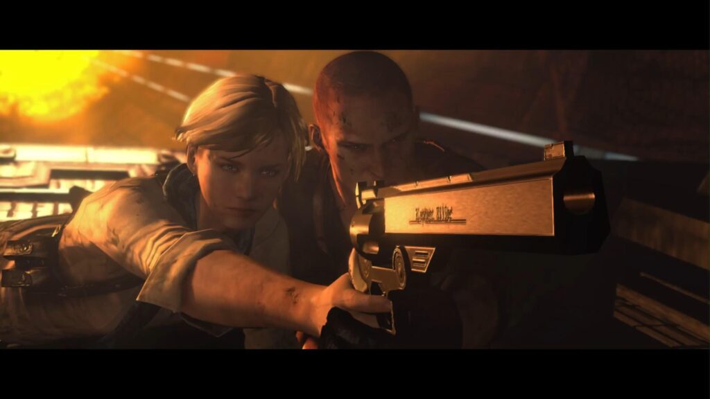 Cena do jogo Resident Evil 6. Sherry e Jake seguram um revólver juntos, mirando-o em um ponto à direita da câmera. Sherry é uma mulher caucasiana loira, usando uma camisa branca com as mangas levantadas e um lenço azul no pescoço, com um coldre pendurado nos ombros. Jake é um homem caucasiano de cabelo raspado, usando uma camiseta preta, luvas escuras, com um coldre pendurado nos ombros. Sherry, à esquerda, segura a arma com sua mão direita, enquanto Jake, à direita, segura com a mão esquerda. Ambos estão inclinados para frente e agachados. Eles estão em uma plataforma metálica e ambos estão inclinados para frente, como se estivessem agachados. Atrás deles, vemos uma fonte de luz laranja semelhante a um Sol.