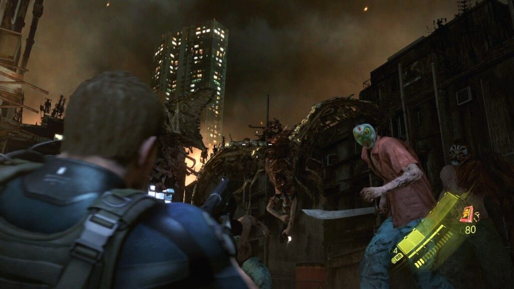 Cena do jogo Resident Evil 6. Chris enfrenta mutantes nas ruas de uma metrópole chinesa. Na parte esquerda da tela, Chris é um homem caucasiano musculoso, de cabelos pretos e curtos, usando um colete verde oliva por cima de uma camiseta azul escura. À direita, vemos um inimigo usando uma máscara branca no rosto e segurando um facão na mão direita, usando uma camisa laranja clara e uma calça azul clara. Há outro inimigo mascarado atrás dele. Na frente deles, três barras verdes informam a vida de Chris, seu vigor e a quantidade de balas em sua arma, assim como a munição disponível. No centro da tela, um inimigo alado é alvejado por Chris. Ele possui asas insectoides na parte superior, brotando de uma massa que era seu corpo inferior. O resto de seu tronco está pendurado na parte de baixo, com os braços largados ao lado. Atrás dos personagens, vemos edifícios suburbanos e um prédio em chamas ao fundo contra o céu noturno.