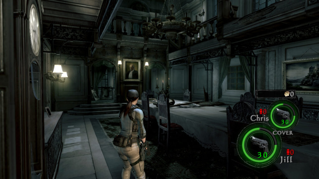 Cena do jogo Resident Evil 5. No conteúdo adicional Lost in Nightmares, jogamos com Jill Valentine. Ela está em uma grande sala de jantar iluminada por lâmpadas nas paredes. Jill é uma mulher caucasiana de cabelos castanhos presos em um rabo de cavalo, usando uma calça bege e uma camiseta de manga longa azul-clara. Na sua cabeça, um boné da mesma cor. À sua direita, uma mesa de jantar longa com várias cadeiras organizadas e coberta por um pano branco. À sua esquerda, um relógio de parede mostra as horas. Várias janelas mostram o céu escuro do exterior e há quadros espalhados pela sala. Acima do cômodo vemos um nível superior. Dois círculos no canto inferior direito informam a vida de Jill e a munição disponível para sua arma, assim como as informações de seu parceiro, Chris.