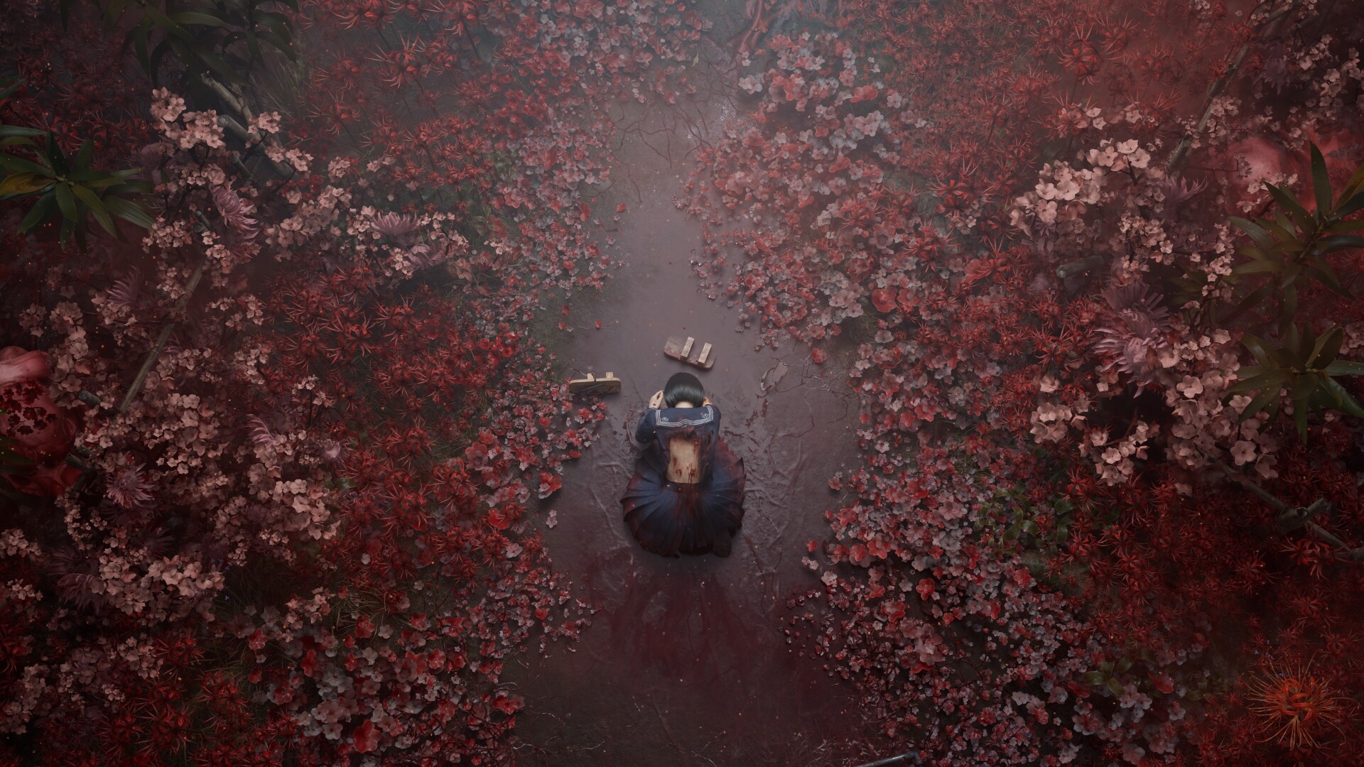 Cena do jogo Silent Hill f. Hinako, vista de cima, se encolhe no chão coberto de sangue, observando dois pares de chinelos, um feito de madeira e outro feito de pano. Ao seu redor, flores pálidas e escarlates se assomam, se estendendo à sua direção. Hinako é uma garota japonesa usando um uniforme escolar azul-marinho com linhas brancas, rasgado e sujo de sangue. As costas do uniforme foram completamente arrancadas, exibindo as manchas de seus ferimentos. Hinako tem cabelos pretos e curtos.