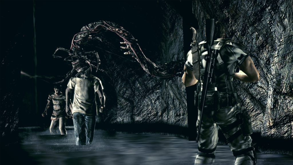Cena do jogo Resident Evil 5. Chris dá de cara com dois infectados em um túnel escuro. Chris é um homem caucasiano de cabelos pretos e curtos, usando uma calça bege e uma camiseta clara. Ele segura uma arma nas mãos e em suas costas podemos ver um longo rifle de precisão (à esquerda) e um facão preso em uma bainha (à direita). Na frente dele, no túnel parcialmente inundado, ele vê um infectado com um tentáculo grotesco no lugar da cabeça, se movendo em sua direção. O resto do corpo dele é normal, usando uma camiseta clara e uma calça jeans. Atrás dele, outro infectado também se aproxima, usando uma camiseta listrada e uma calça clara, com uma cabeça normal.